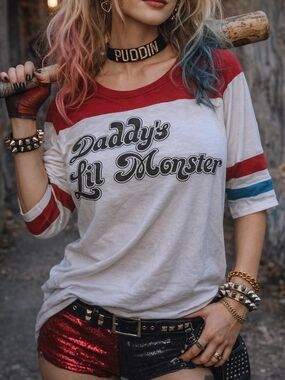Suicide Squad Daddy’s Lil Monster White Red Colorblock Tee L Harley Quinn DC Com
